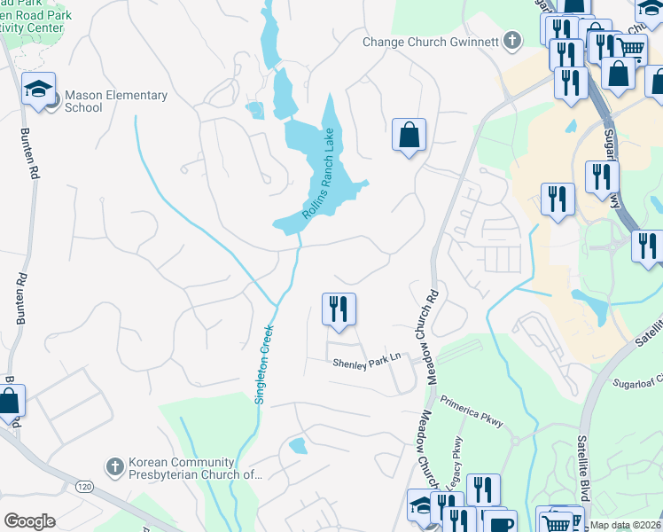 map of restaurants, bars, coffee shops, grocery stores, and more near 2509 Oak Hill Overlook in Duluth