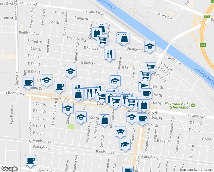 map of restaurants, bars, coffee shops, grocery stores, and more near 4121 East 57th Street in Maywood