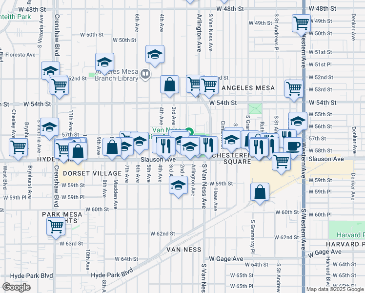 map of restaurants, bars, coffee shops, grocery stores, and more near 5731 2nd Avenue in Los Angeles