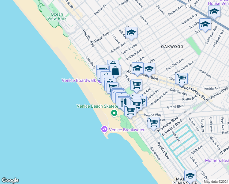 map of restaurants, bars, coffee shops, grocery stores, and more near 19 Wavecrest Avenue in Los Angeles