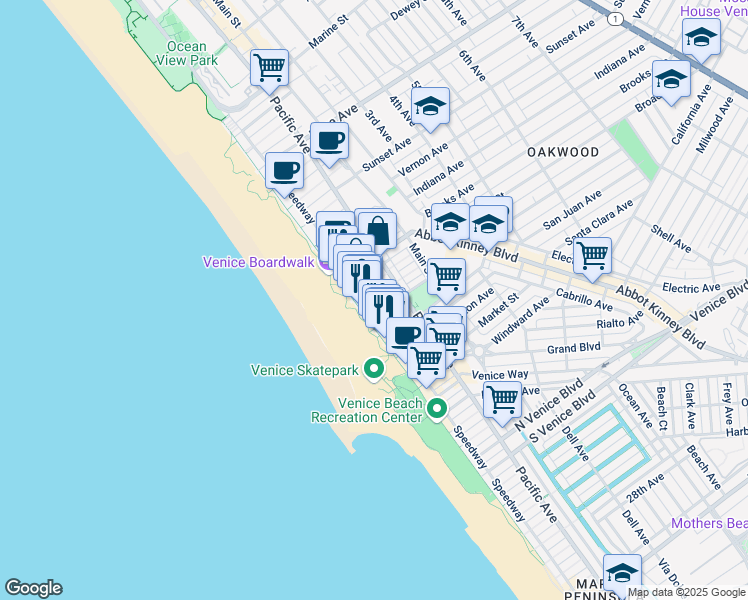 map of restaurants, bars, coffee shops, grocery stores, and more near 1007 Ocean Front Walk in Los Angeles