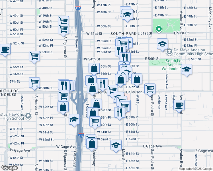 map of restaurants, bars, coffee shops, grocery stores, and more near 206 57th Street in Los Angeles