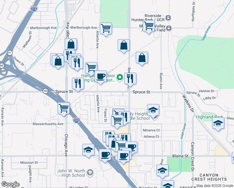 map of restaurants, bars, coffee shops, grocery stores, and more near 1377 Wheaton Way in Riverside