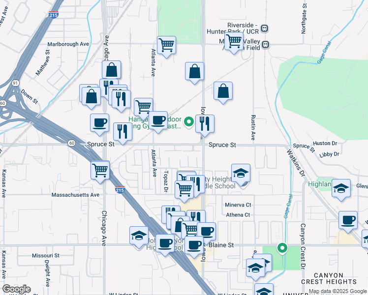 map of restaurants, bars, coffee shops, grocery stores, and more near 1377 Wheaton Way in Riverside
