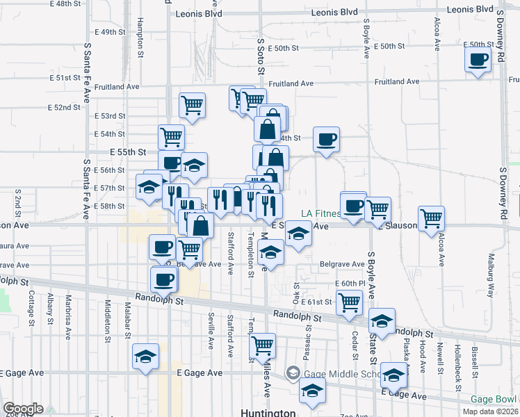map of restaurants, bars, coffee shops, grocery stores, and more near 5803 Soto Street in Huntington Park