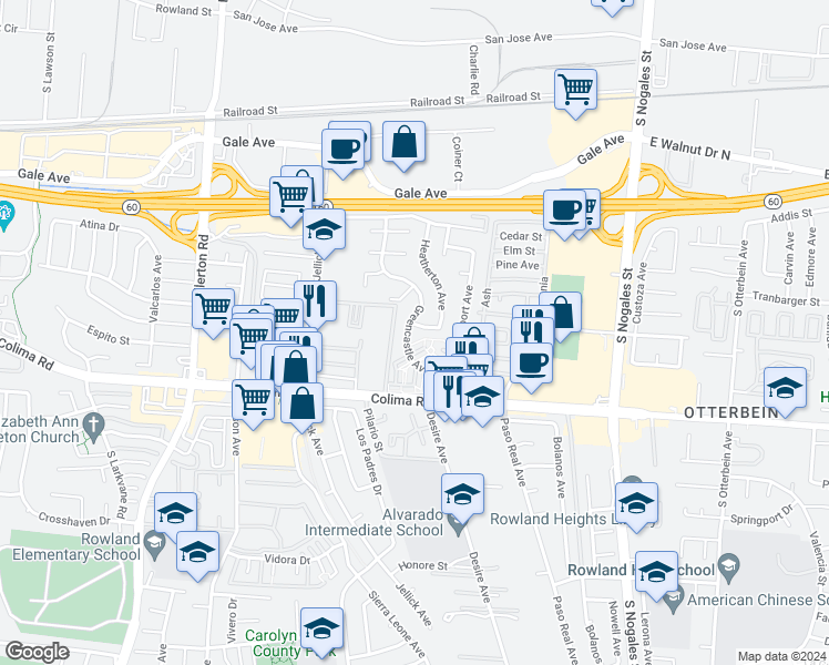 map of restaurants, bars, coffee shops, grocery stores, and more near 18702 Greengate Street in Rowland Heights