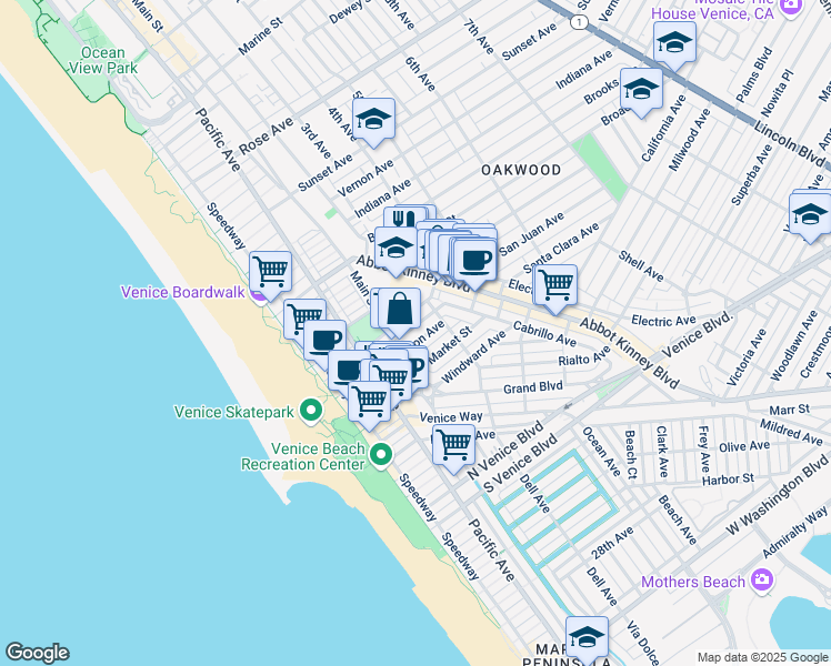 map of restaurants, bars, coffee shops, grocery stores, and more near 216 San Juan Avenue in Los Angeles