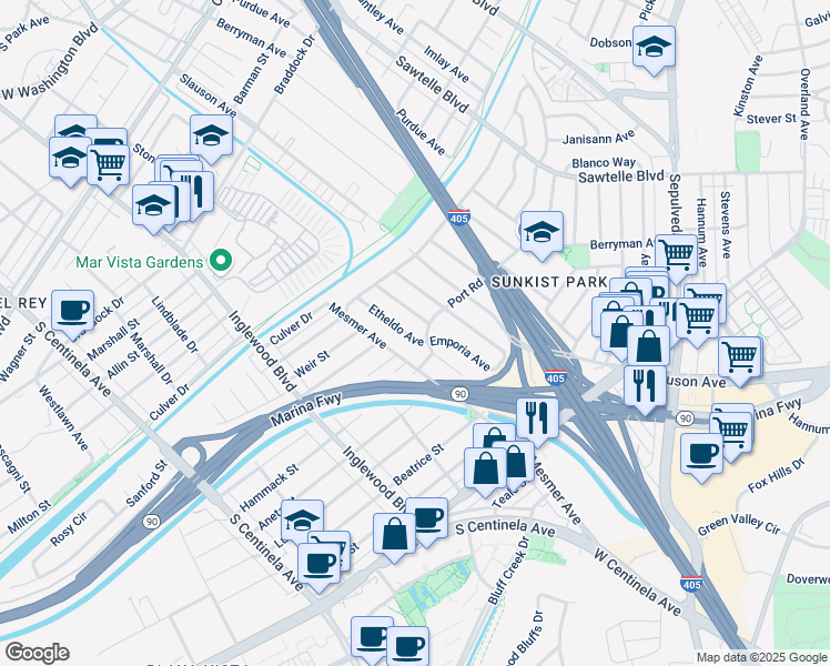 map of restaurants, bars, coffee shops, grocery stores, and more near Etheldo Avenue in Culver City
