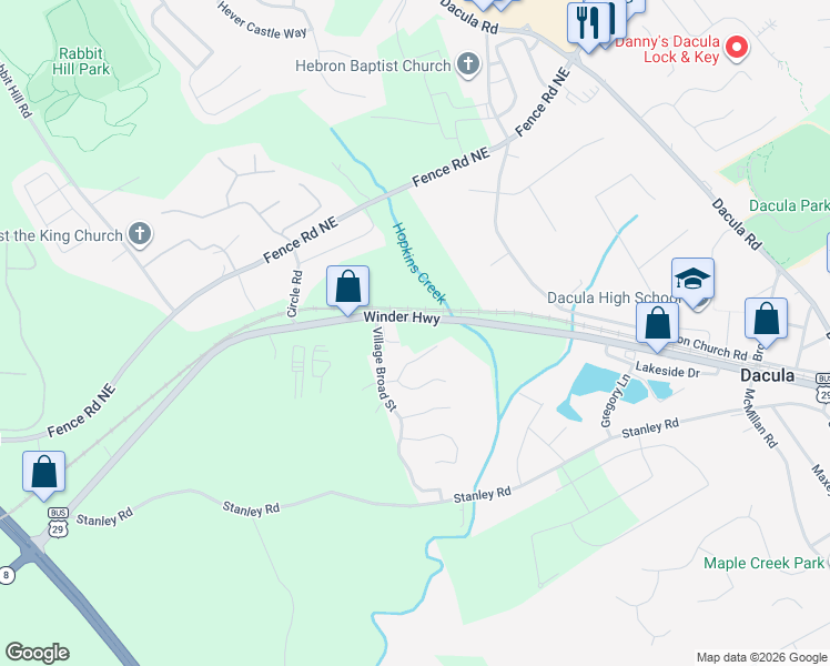 map of restaurants, bars, coffee shops, grocery stores, and more near 2185 U.S. 29 Business in Dacula
