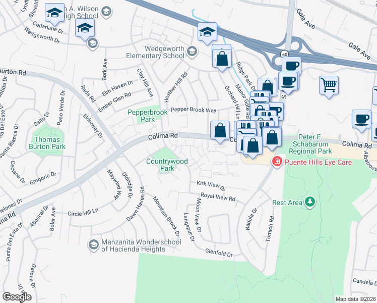 map of restaurants, bars, coffee shops, grocery stores, and more near 1866 Abbots Hall Lane in Hacienda Heights