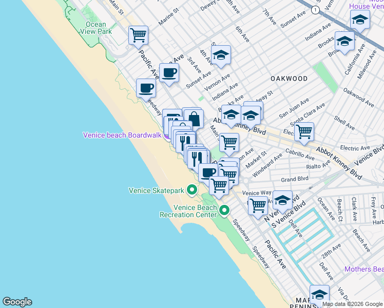 map of restaurants, bars, coffee shops, grocery stores, and more near 19 Wavecrest Avenue in Los Angeles