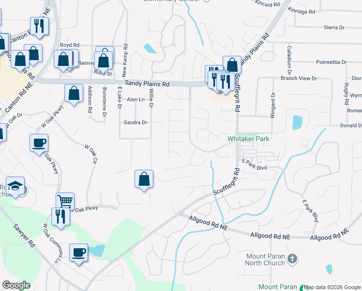 map of restaurants, bars, coffee shops, grocery stores, and more near 1368 Woodcutt Place in Marietta
