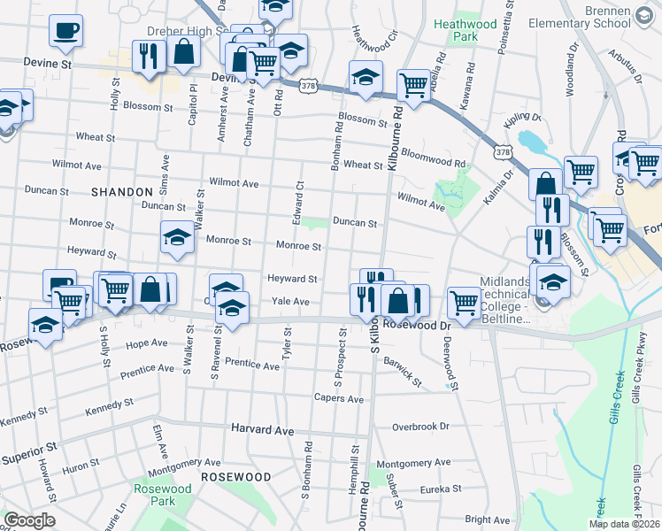 map of restaurants, bars, coffee shops, grocery stores, and more near 116 Bonham Road in Columbia