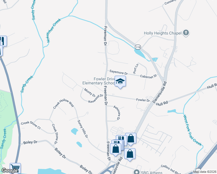 map of restaurants, bars, coffee shops, grocery stores, and more near 545 Freeman Drive in Athens