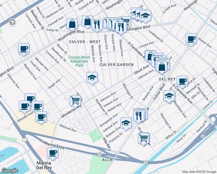 map of restaurants, bars, coffee shops, grocery stores, and more near 12751 Short Avenue in Los Angeles