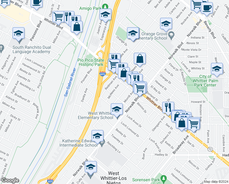 map of restaurants, bars, coffee shops, grocery stores, and more near 6122 McNees Avenue in Whittier