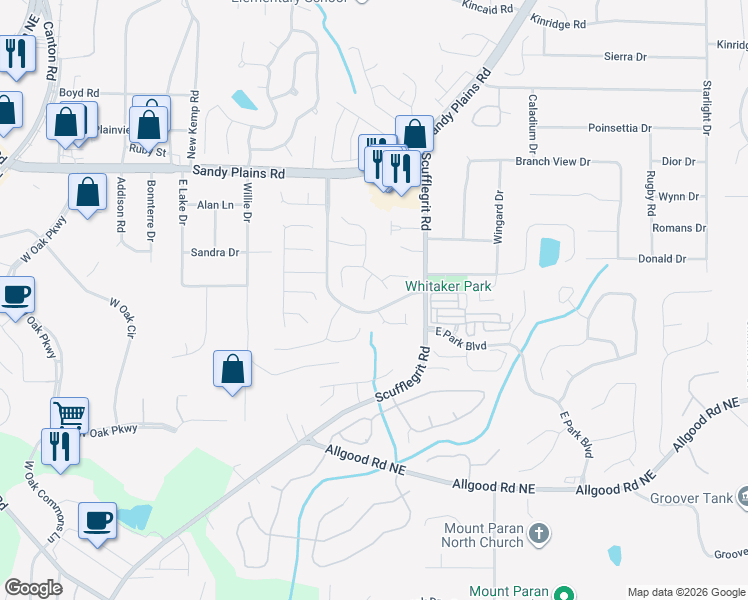 map of restaurants, bars, coffee shops, grocery stores, and more near 1642 Evanston Circle in Marietta