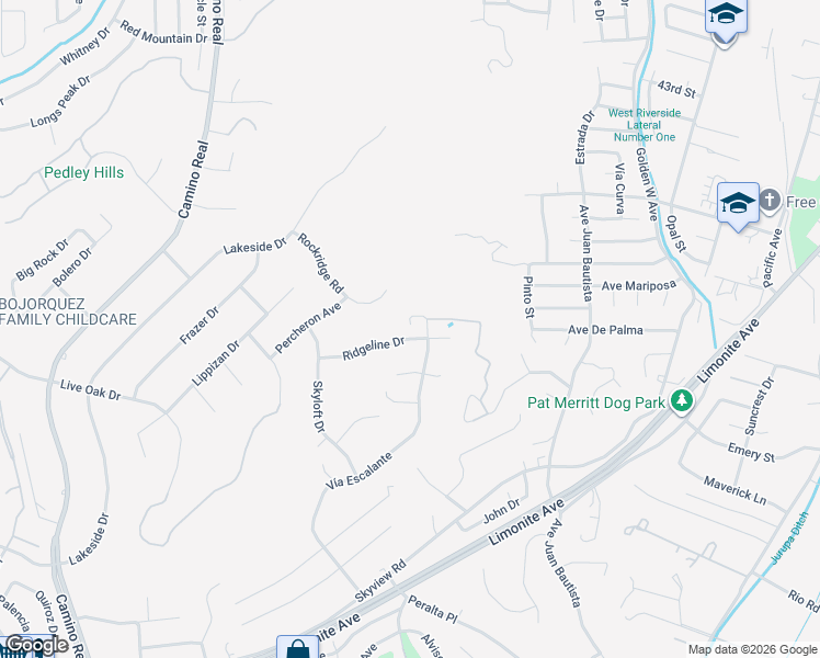 map of restaurants, bars, coffee shops, grocery stores, and more near 7165 Ridgeline Drive in Riverside