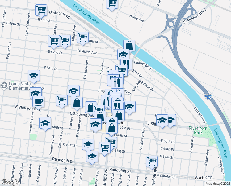 map of restaurants, bars, coffee shops, grocery stores, and more near Atlantic Boulevard in Maywood