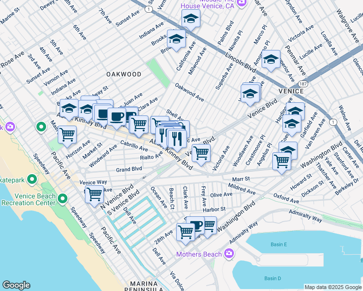 map of restaurants, bars, coffee shops, grocery stores, and more near 1629 Electric Avenue in Los Angeles