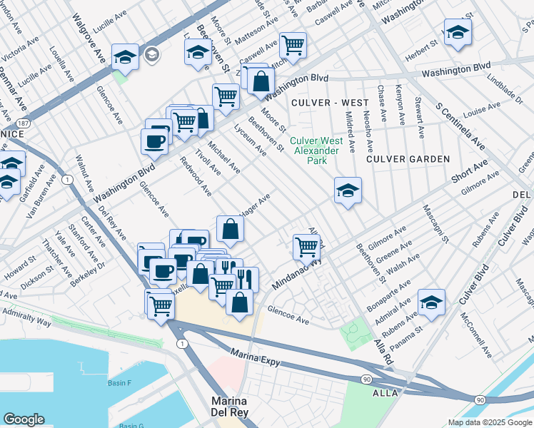 map of restaurants, bars, coffee shops, grocery stores, and more near 4226 Tivoli Avenue in Los Angeles
