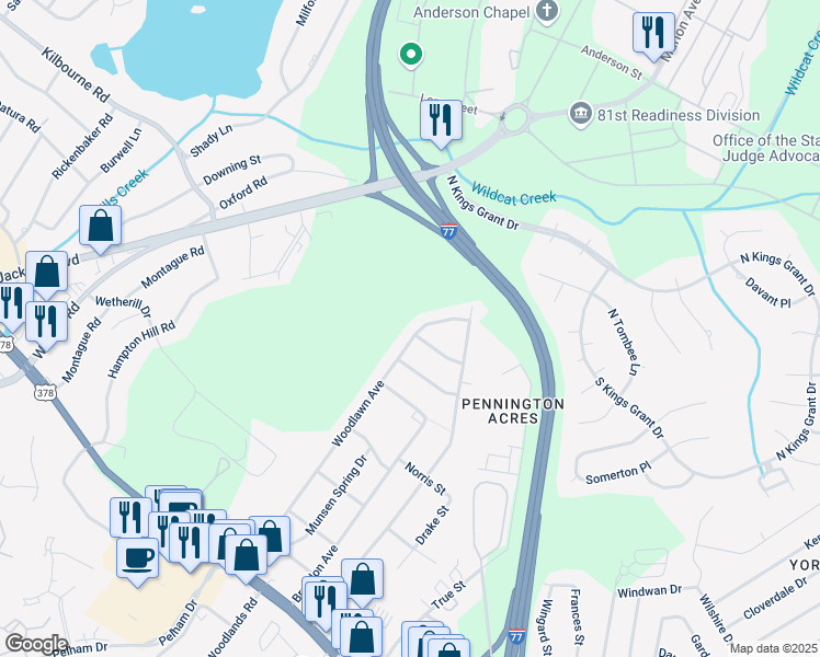 map of restaurants, bars, coffee shops, grocery stores, and more near 1321 Woodlawn Avenue in Columbia