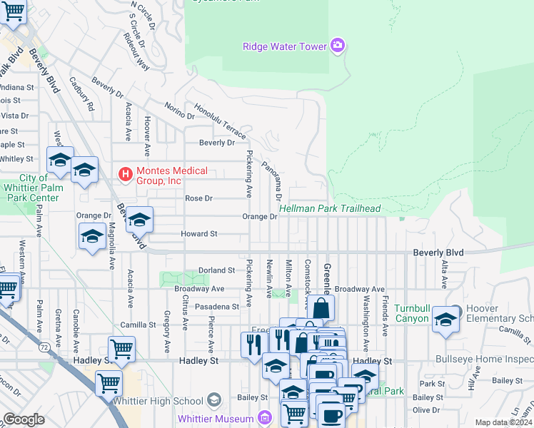 map of restaurants, bars, coffee shops, grocery stores, and more near 12625 Orange Drive in Whittier