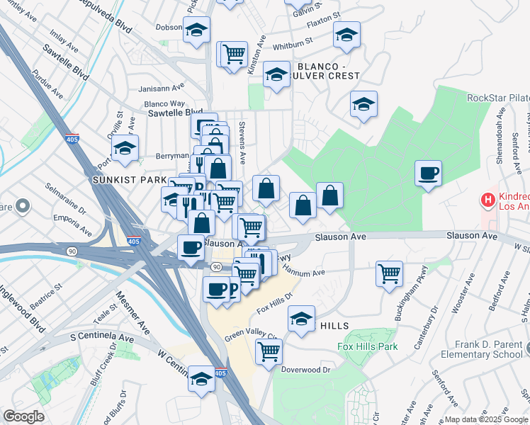 map of restaurants, bars, coffee shops, grocery stores, and more near 6603 Hannum Avenue in Culver City