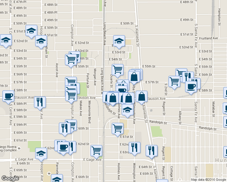 map of restaurants, bars, coffee shops, grocery stores, and more near 5742 Duarte St in Vernon