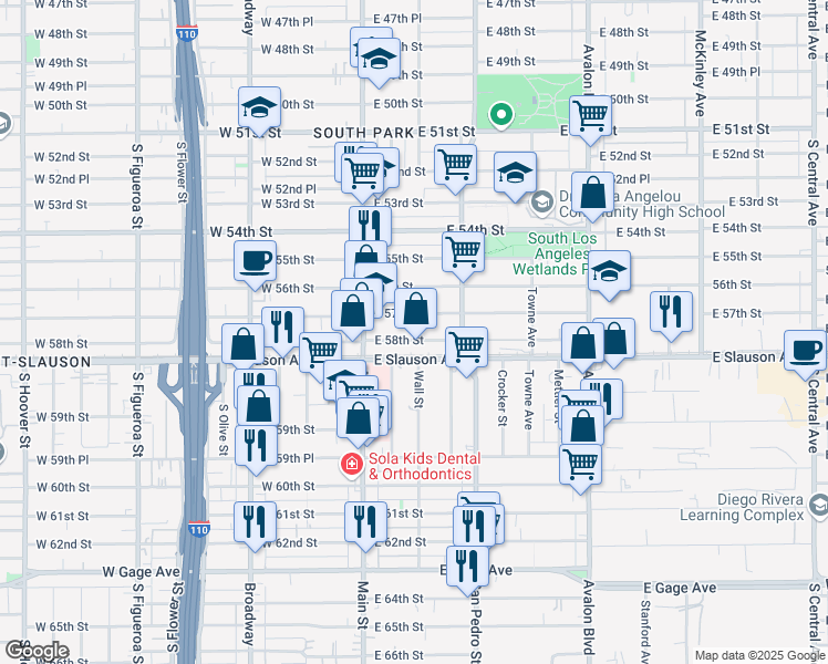 map of restaurants, bars, coffee shops, grocery stores, and more near 159 East 58th Street in Los Angeles
