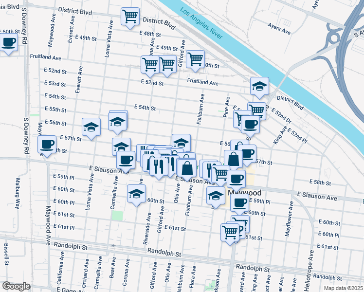 map of restaurants, bars, coffee shops, grocery stores, and more near 4121 East 57th Street in Maywood