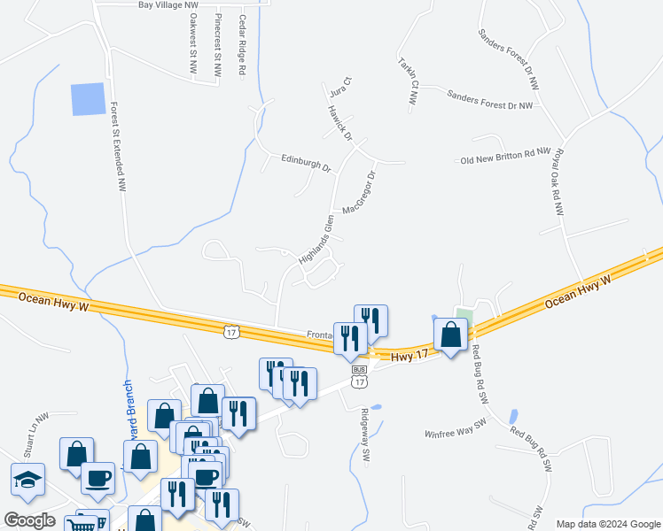 map of restaurants, bars, coffee shops, grocery stores, and more near 21 Paisley Drive Southwest in Shallotte