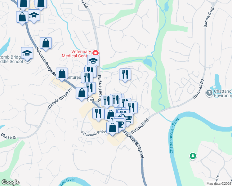 map of restaurants, bars, coffee shops, grocery stores, and more near 340 Parsons Branch in Alpharetta