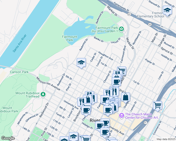 map of restaurants, bars, coffee shops, grocery stores, and more near 3290 Cedar Street in Riverside
