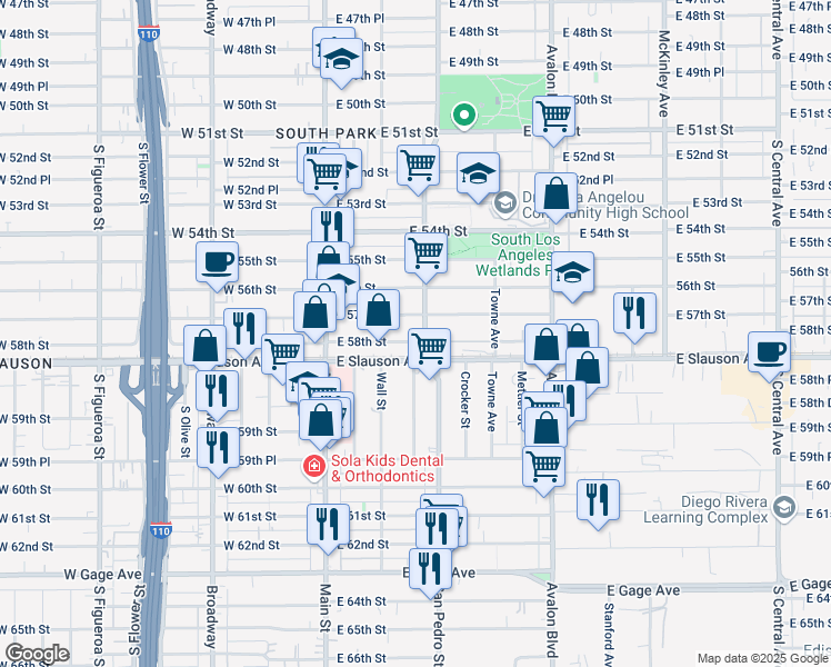 map of restaurants, bars, coffee shops, grocery stores, and more near 5725 San Pedro Street in Los Angeles