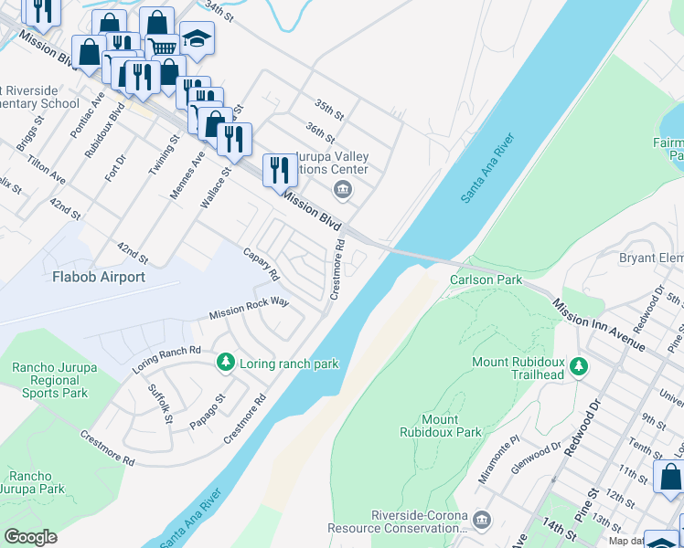 map of restaurants, bars, coffee shops, grocery stores, and more near 3830 Crestmore Road in Riverside