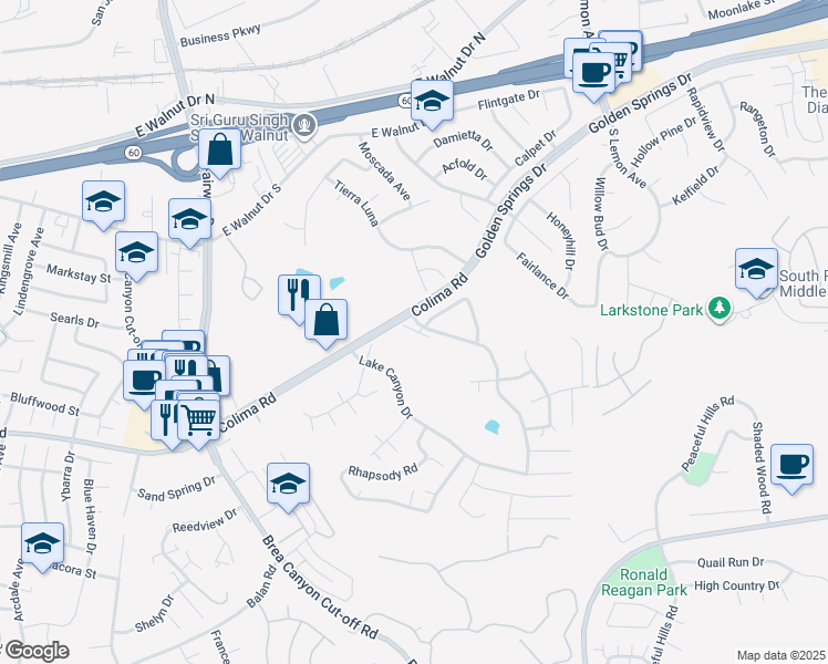 map of restaurants, bars, coffee shops, grocery stores, and more near 1525 Walnut Leaf Drive in Walnut