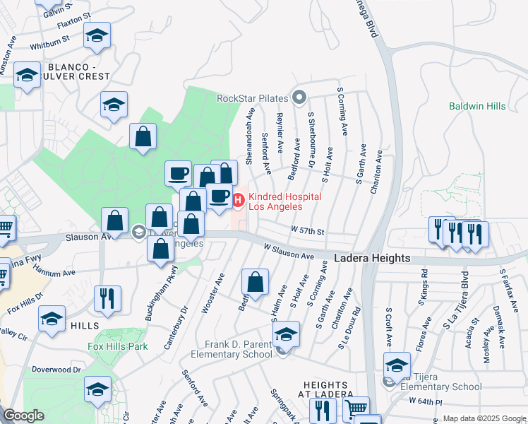 map of restaurants, bars, coffee shops, grocery stores, and more near 5624 Shenandoah Avenue in Los Angeles