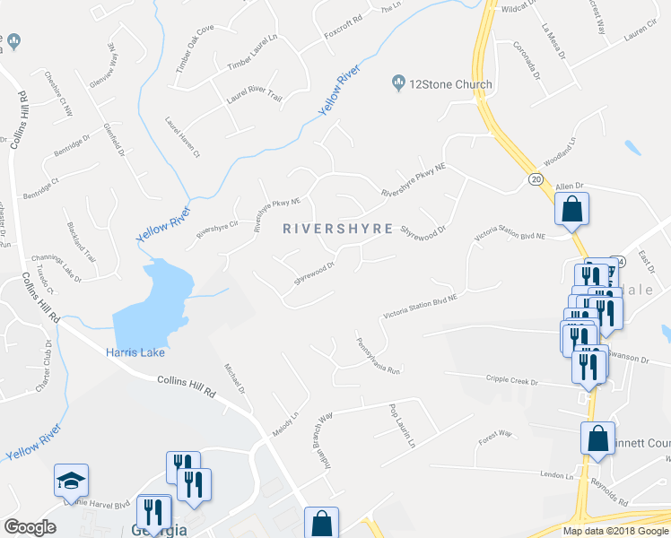 map of restaurants, bars, coffee shops, grocery stores, and more near 191 Shyrewood Drive in Lawrenceville