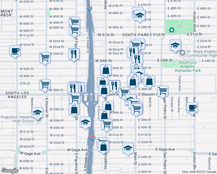 map of restaurants, bars, coffee shops, grocery stores, and more near 5724 South Broadway in Los Angeles