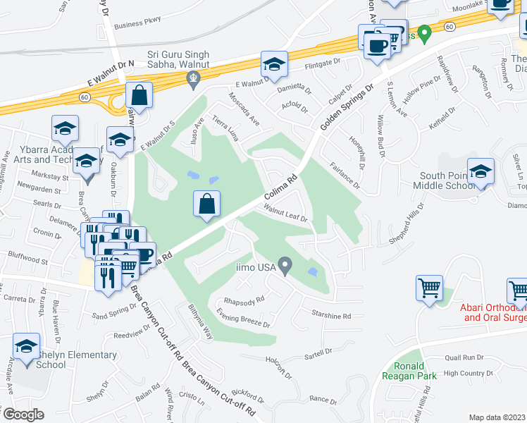 map of restaurants, bars, coffee shops, grocery stores, and more near 20132 Colima Road in Walnut