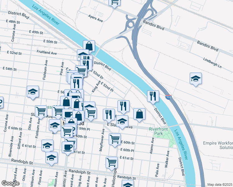 map of restaurants, bars, coffee shops, grocery stores, and more near 4731 East 52nd Place in Maywood