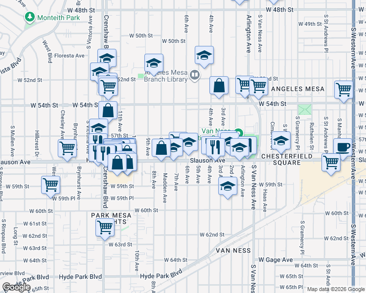map of restaurants, bars, coffee shops, grocery stores, and more near 5730 7th Avenue in Los Angeles