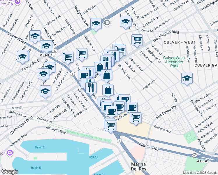 map of restaurants, bars, coffee shops, grocery stores, and more near 4079 Glencoe Avenue in Marina del Rey