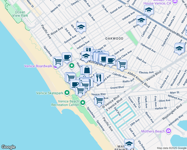 map of restaurants, bars, coffee shops, grocery stores, and more near 216 San Juan Avenue in Los Angeles