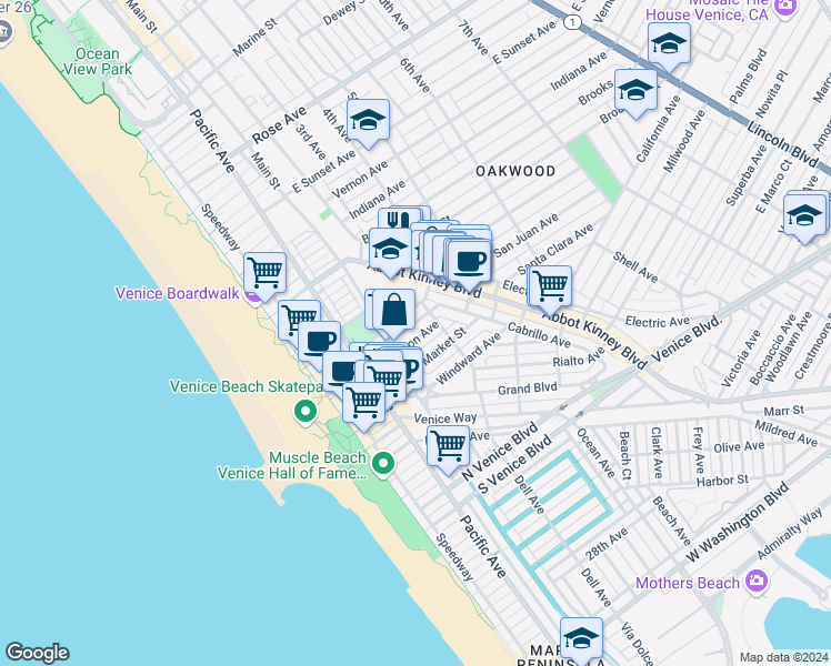 map of restaurants, bars, coffee shops, grocery stores, and more near 216 San Juan Avenue in Los Angeles