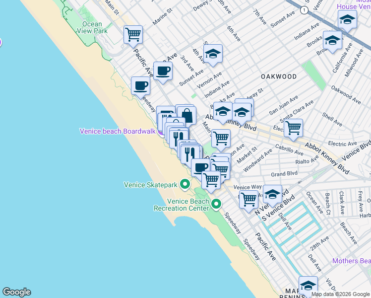map of restaurants, bars, coffee shops, grocery stores, and more near 1007 Ocean Front Walk in Los Angeles