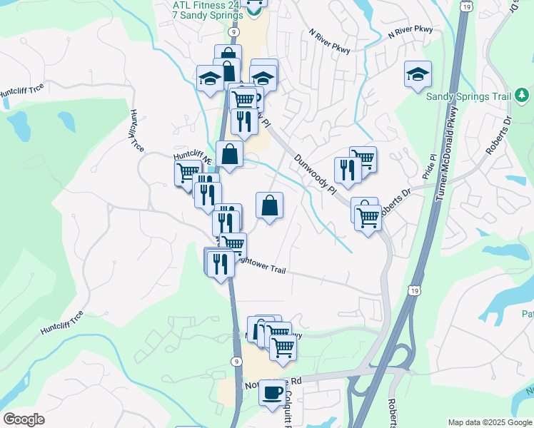 map of restaurants, bars, coffee shops, grocery stores, and more near 8650 Hope Mews Court in Atlanta