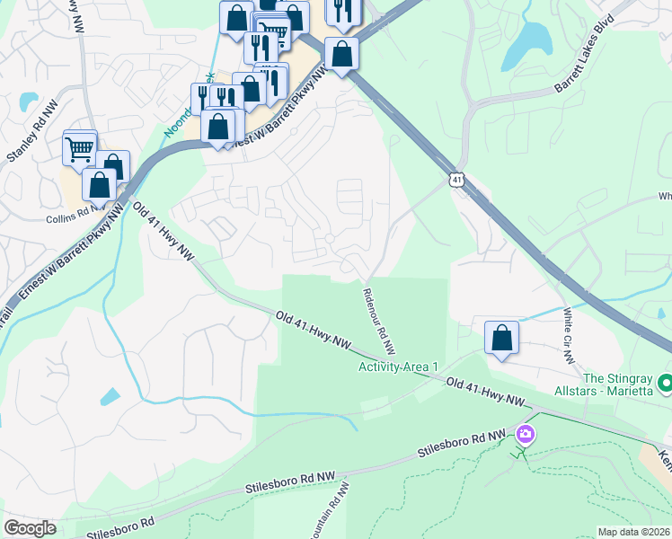 map of restaurants, bars, coffee shops, grocery stores, and more near 1113 Ridenour Court Northwest in Kennesaw
