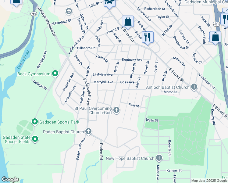map of restaurants, bars, coffee shops, grocery stores, and more near 407 Greenwood Avenue in Gadsden